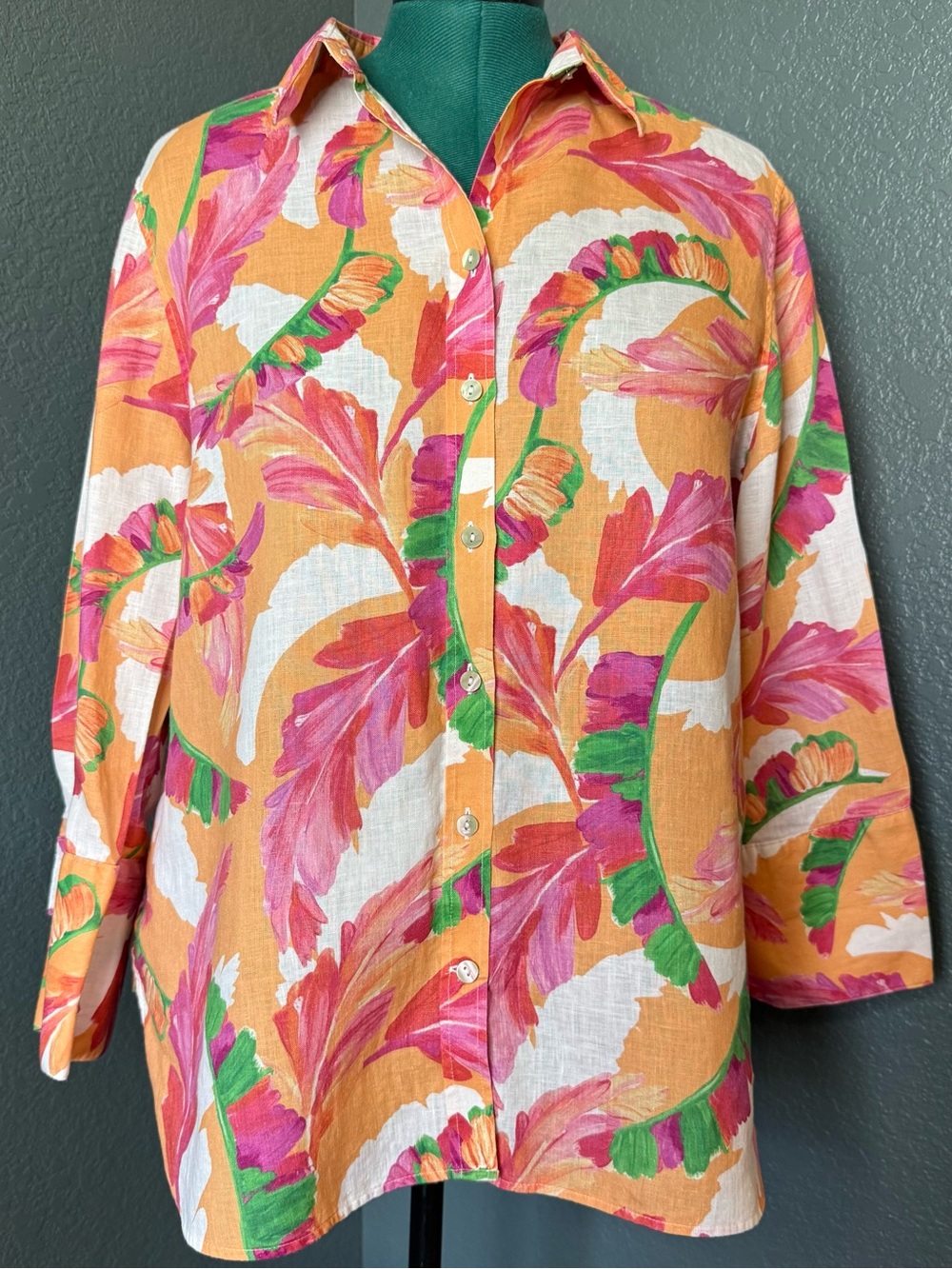 Chicos 100% Linen Tropical Print Button-Up Shirt - Pink, Orange & Green